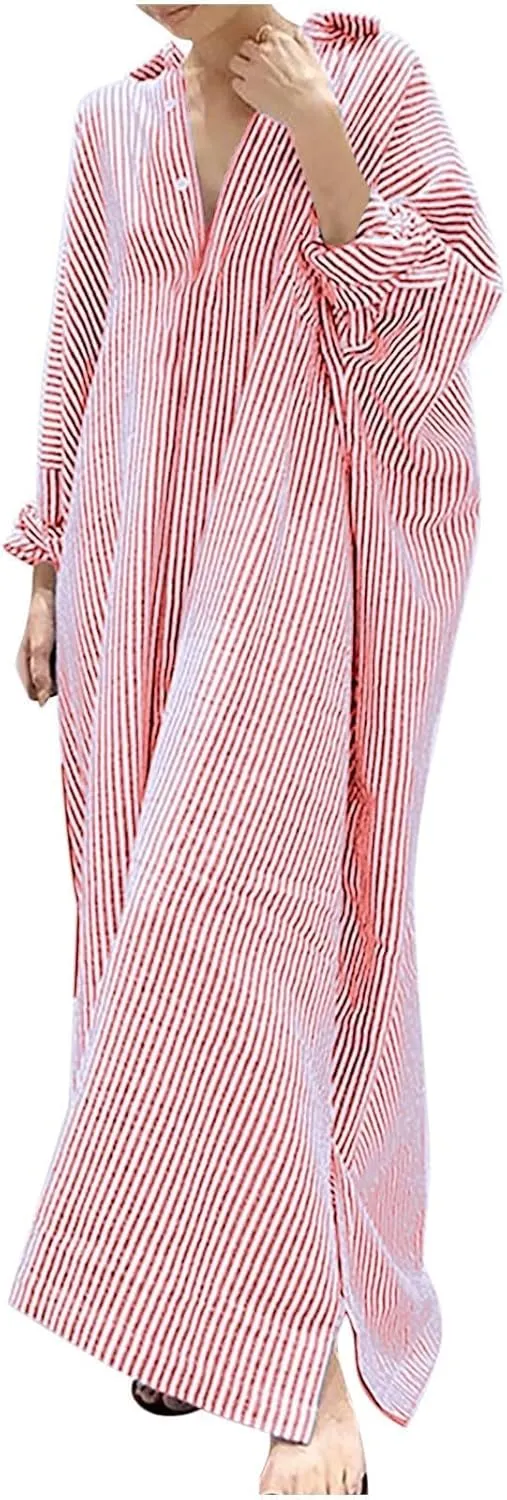 Womens Long Sleeve Button Down Shirt Dress Casual Striped Print Maxi Dresses Loose Fit Floor Length Slit Dress