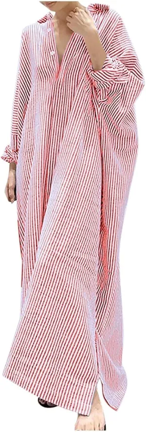 Womens Long Sleeve Button Down Shirt Dress Casual Striped Print Maxi Dresses Loose Fit Floor Length Slit Dress
