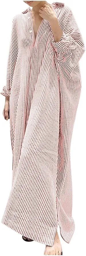 Womens Long Sleeve Button Down Shirt Dress Casual Striped Print Maxi Dresses Loose Fit Floor Length Slit Dress