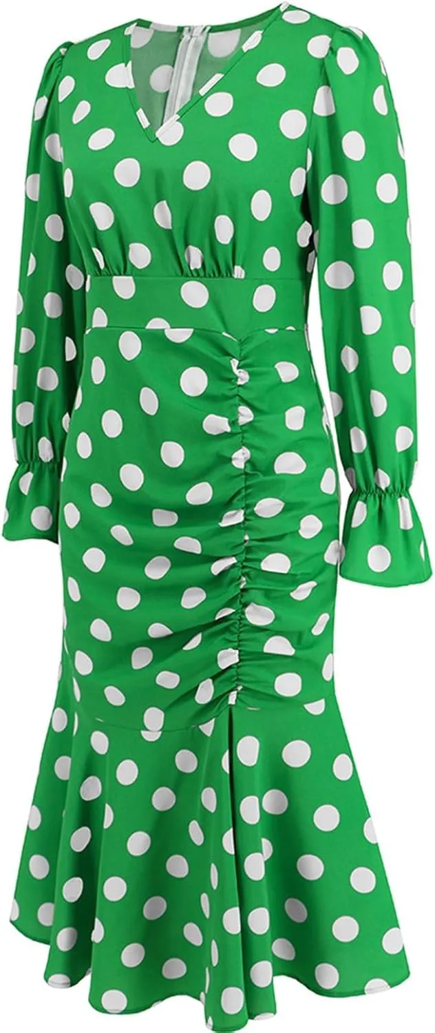 Women's Long Sleeve Sexy Wrap V Neck Dresses Polka Dot Elegant Cocktail Party Work Knee Length Pleated Mermaid Dress