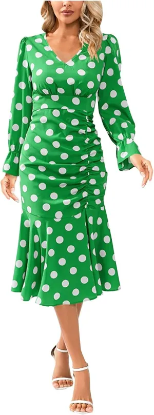 Women's Long Sleeve Sexy Wrap V Neck Dresses Polka Dot Elegant Cocktail Party Work Knee Length Pleated Mermaid Dress
