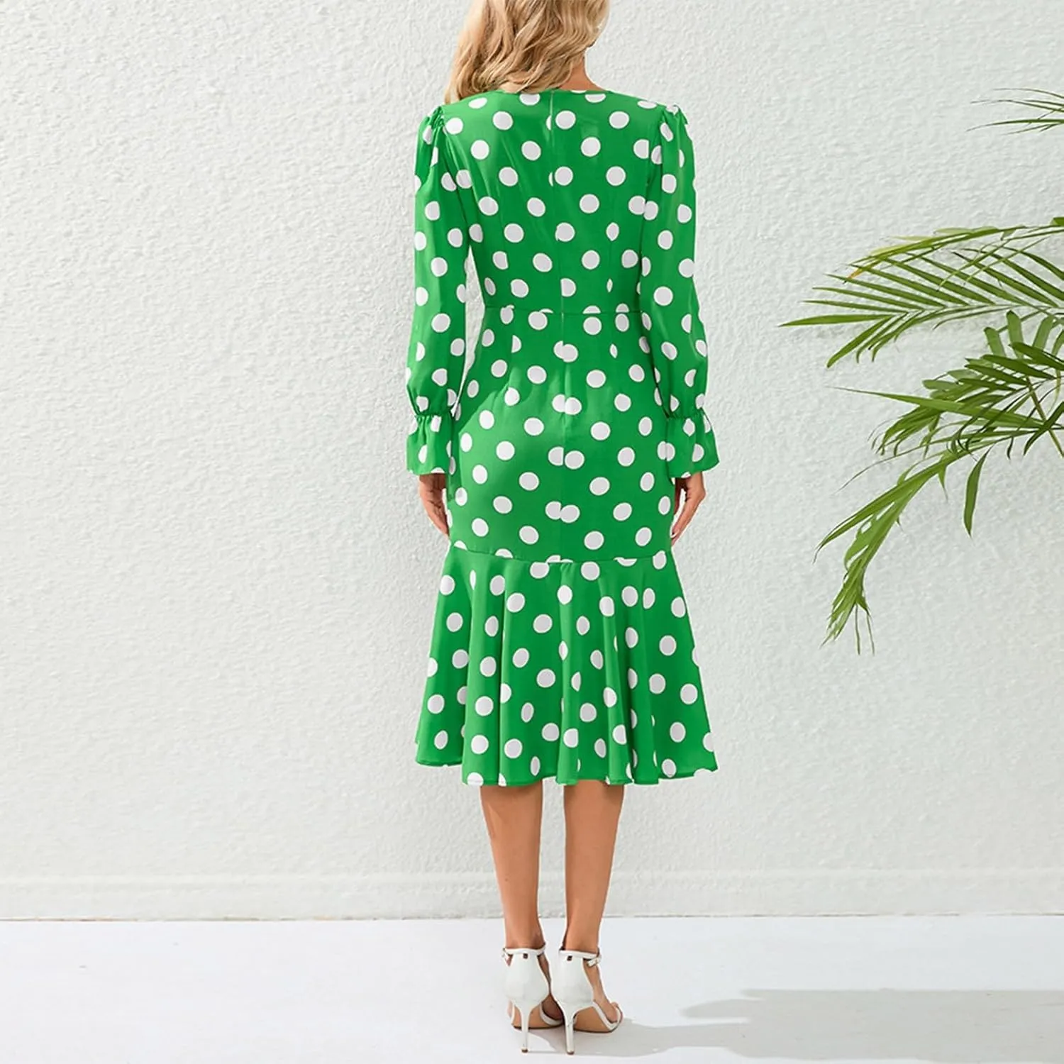 Women's Long Sleeve Sexy Wrap V Neck Dresses Polka Dot Elegant Cocktail Party Work Knee Length Pleated Mermaid Dress