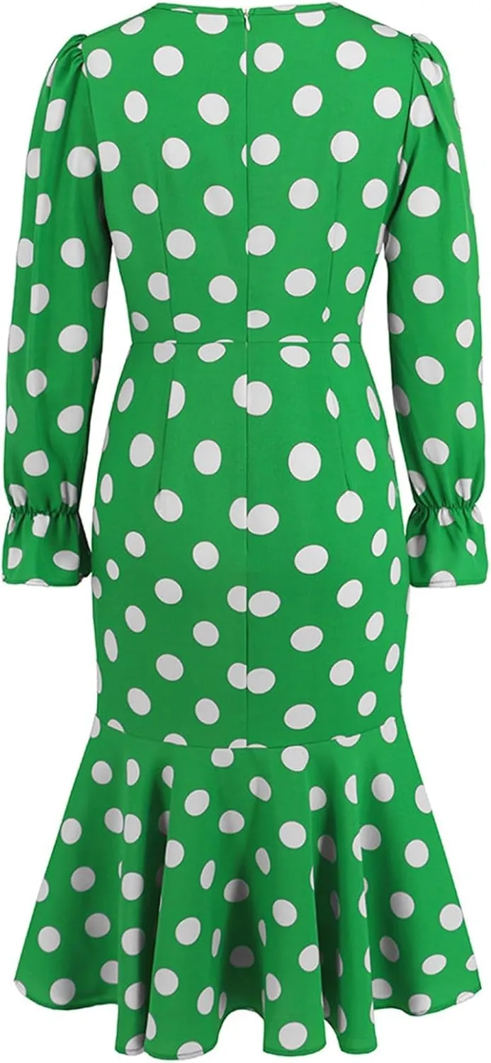 Women's Long Sleeve Sexy Wrap V Neck Dresses Polka Dot Elegant Cocktail Party Work Knee Length Pleated Mermaid Dress
