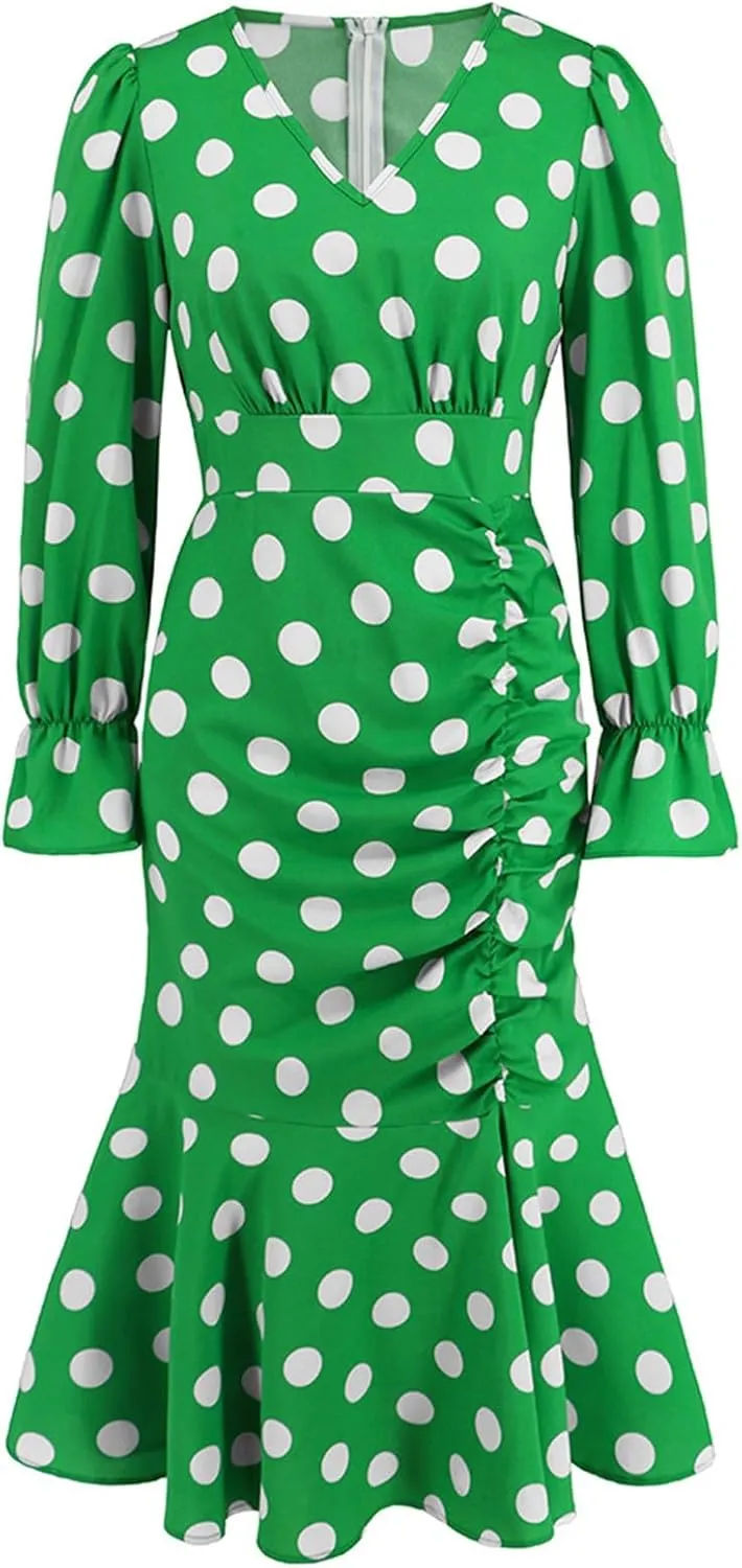 Women's Long Sleeve Sexy Wrap V Neck Dresses Polka Dot Elegant Cocktail Party Work Knee Length Pleated Mermaid Dress