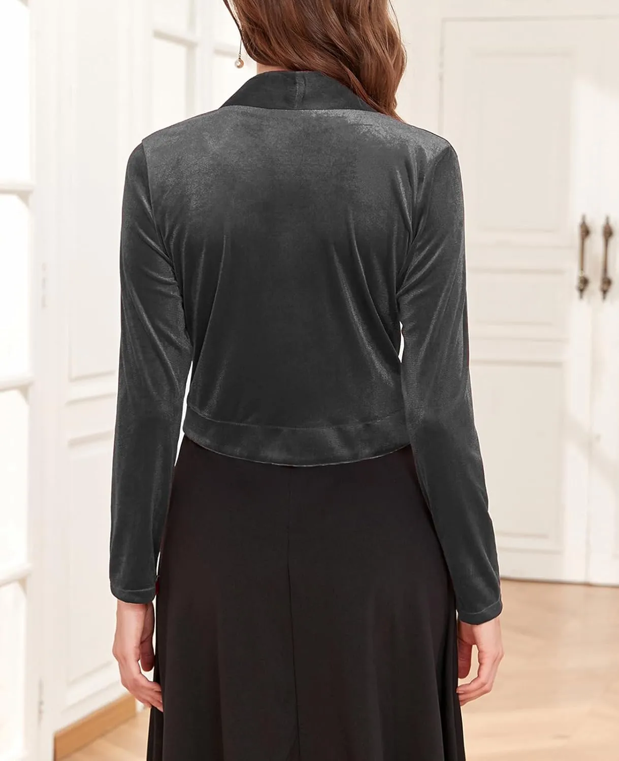 Women's Long Sleeve Velvet Shrug for Dresses Cocktail Party Open Front Cropped Bolero Cardigan Top