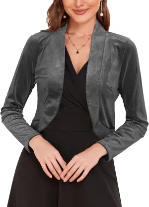 Women's Long Sleeve Velvet Shrug for Dresses Cocktail Party Open Front Cropped Bolero Cardigan Top