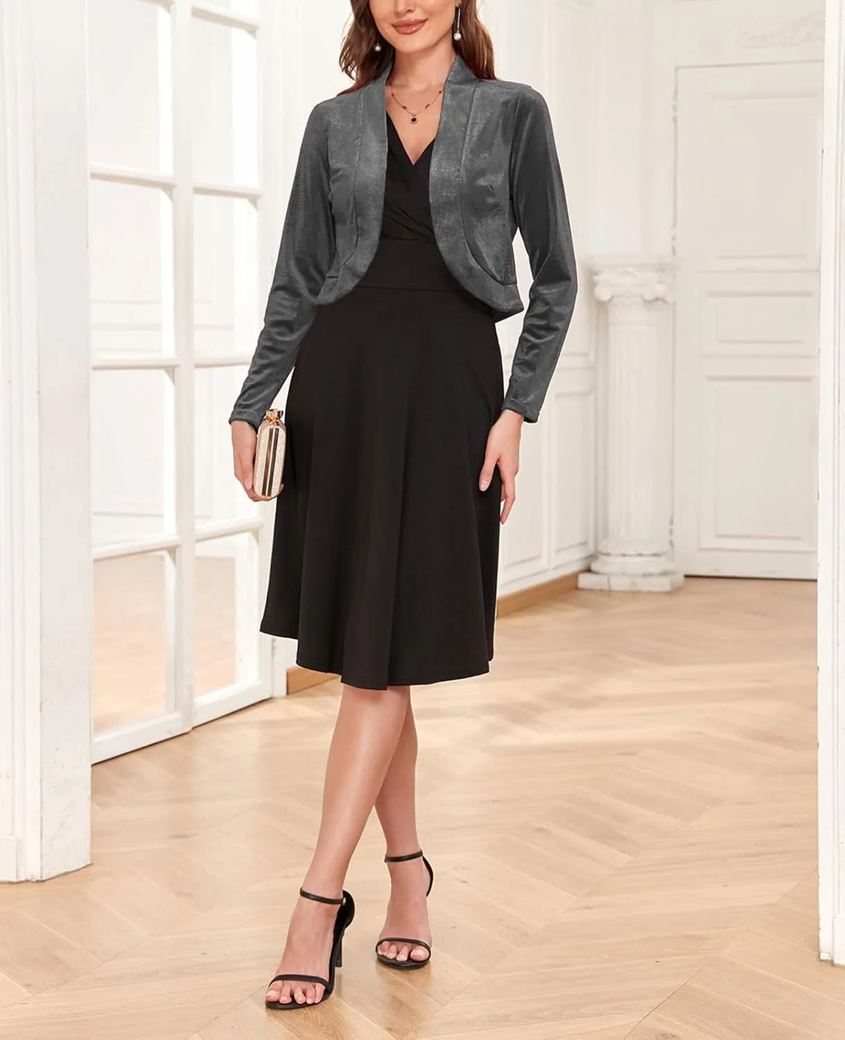 Women's Long Sleeve Velvet Shrug for Dresses Cocktail Party Open Front Cropped Bolero Cardigan Top
