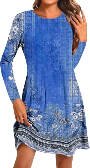 Womens Mini Dresses Casual Summer Beach Dress Vintage Boho Floral Long Sleeve Round Neck Flowy A Line Sun Dresses