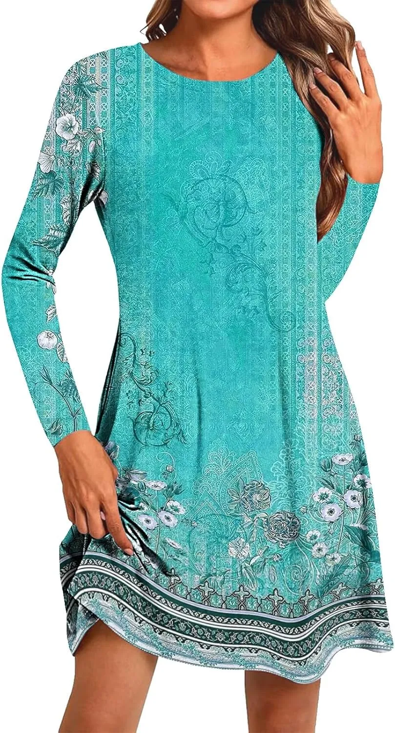 Womens Mini Dresses Casual Summer Beach Dress Vintage Boho Floral Long Sleeve Round Neck Flowy A Line Sun Dresses