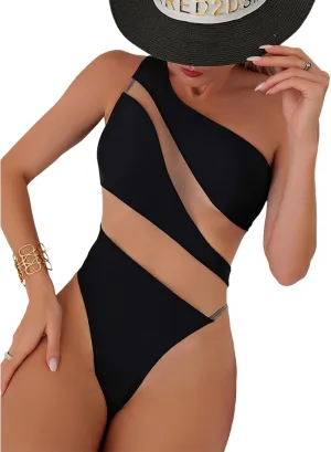 Women's one-Piece Swimsuit mesh Paneled one-Shoulder Sexy Tummy-Controlling Monokini