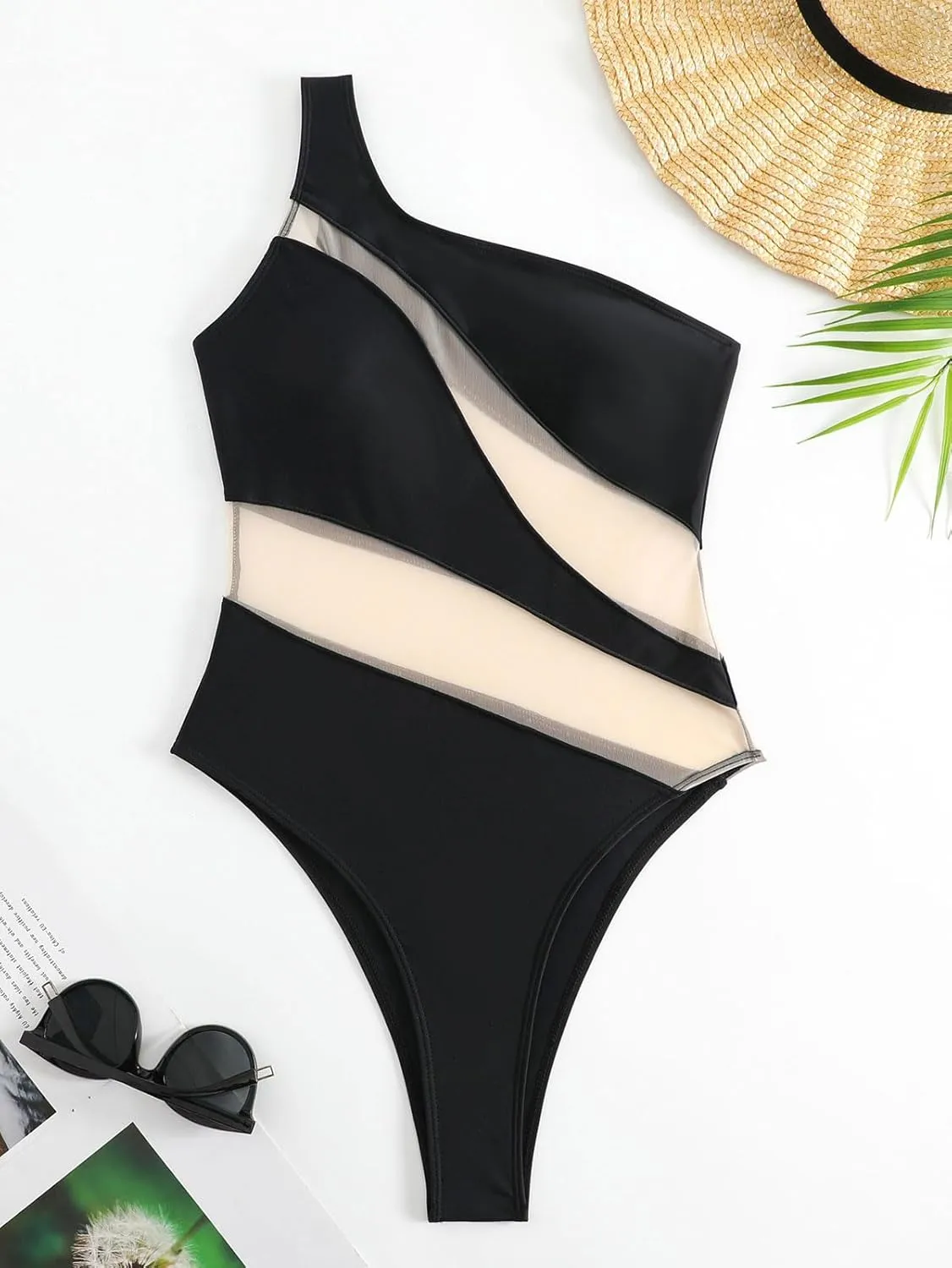 Women's one-Piece Swimsuit mesh Paneled one-Shoulder Sexy Tummy-Controlling Monokini