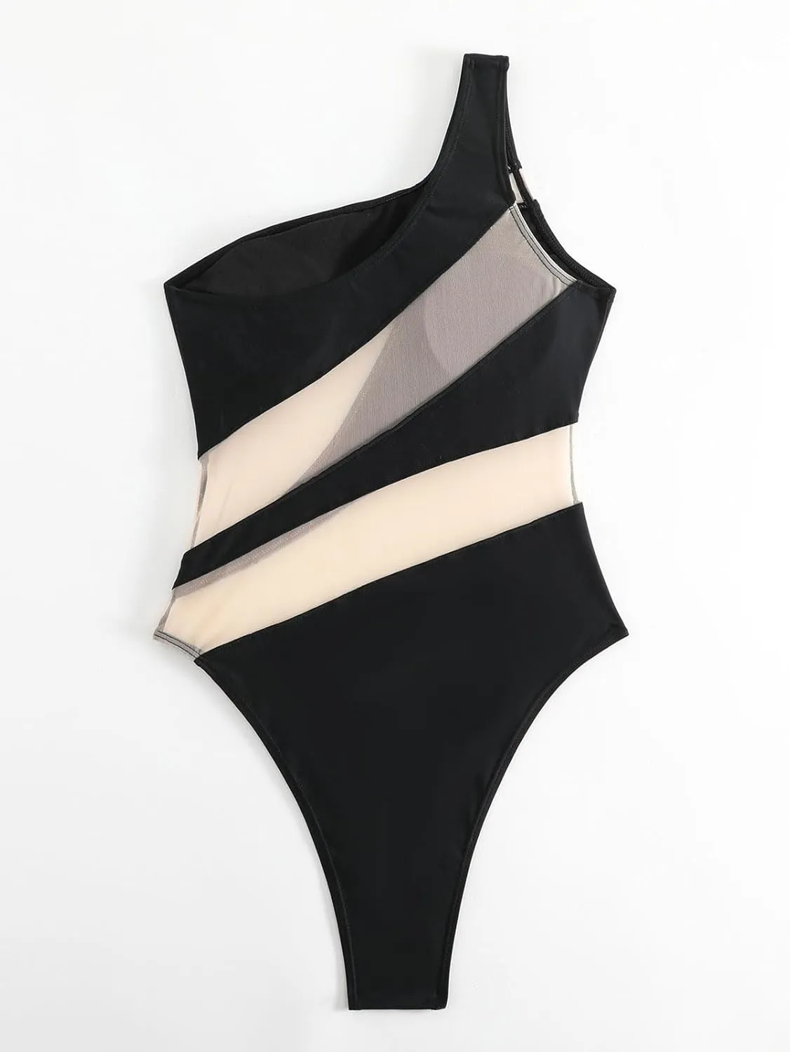 Women's one-Piece Swimsuit mesh Paneled one-Shoulder Sexy Tummy-Controlling Monokini