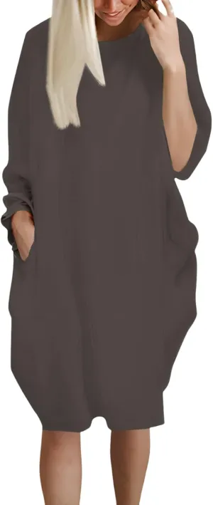Women's Oversize Baggy Roll-Up Long Sleeve T Shirt Dress for Curvy Causal Loose Midi Tunic Dresses with Pockets