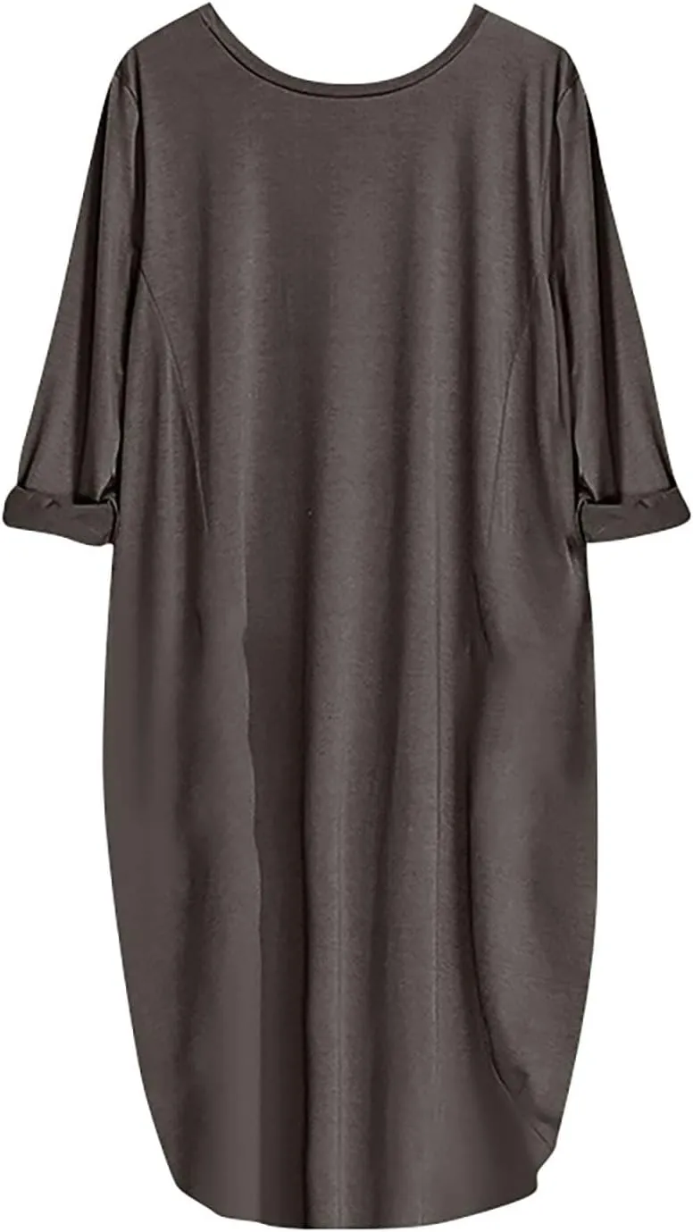Women's Oversize Baggy Roll-Up Long Sleeve T Shirt Dress for Curvy Causal Loose Midi Tunic Dresses with Pockets