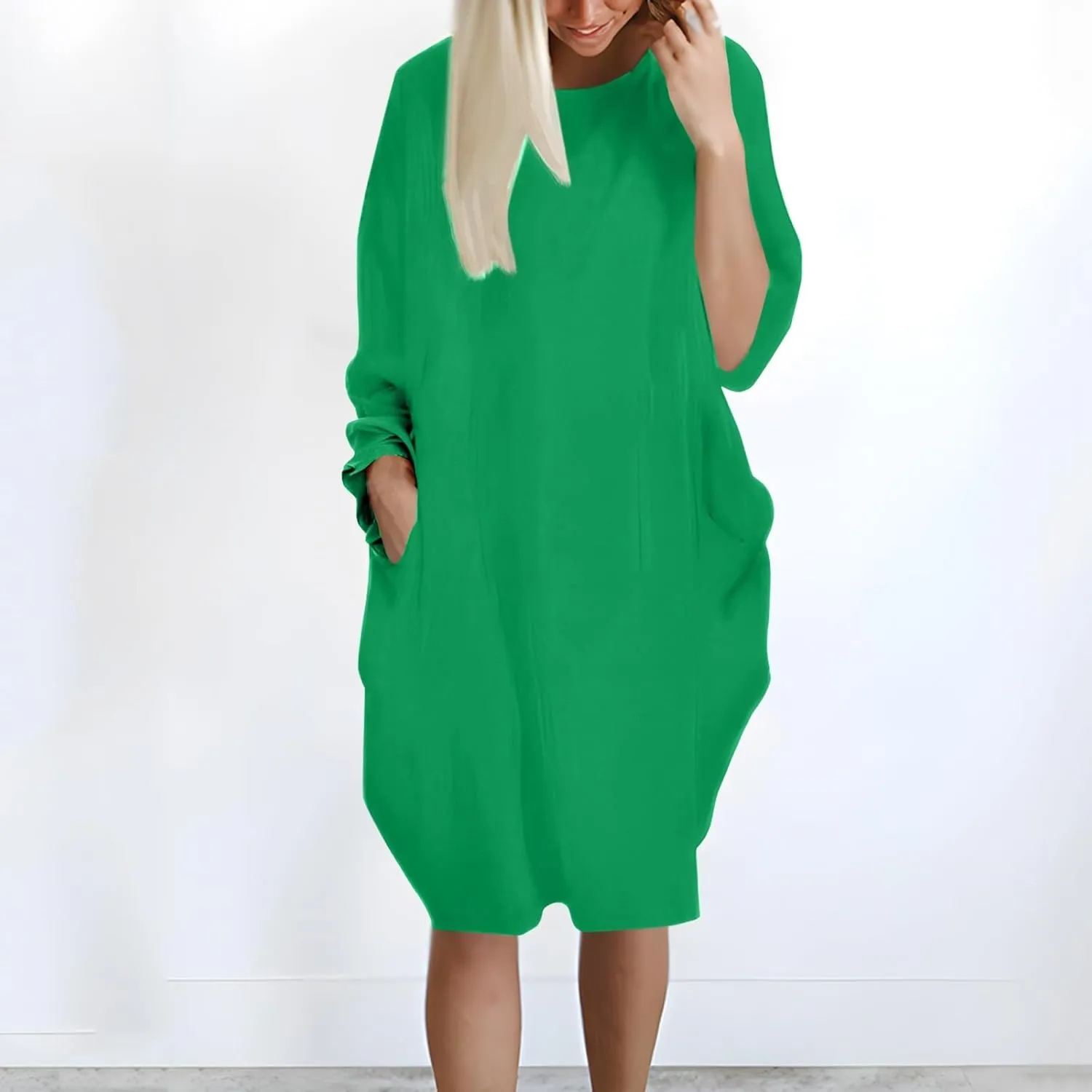 Women's Oversize Baggy Roll-Up Long Sleeve T Shirt Dress for Curvy Causal Loose Midi Tunic Dresses with Pockets