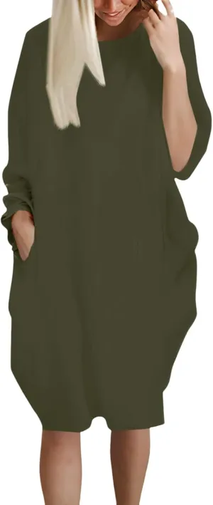 Women's Oversize Baggy Roll-Up Long Sleeve T Shirt Dress for Curvy Causal Loose Midi Tunic Dresses with Pockets