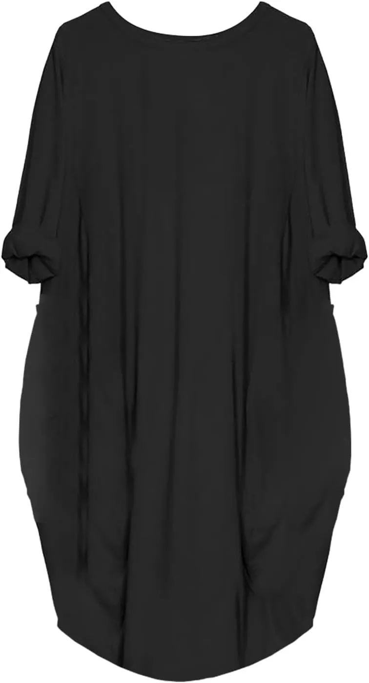 Women's Oversize Baggy Roll-Up Long Sleeve T Shirt Dress for Curvy Causal Loose Midi Tunic Dresses with Pockets