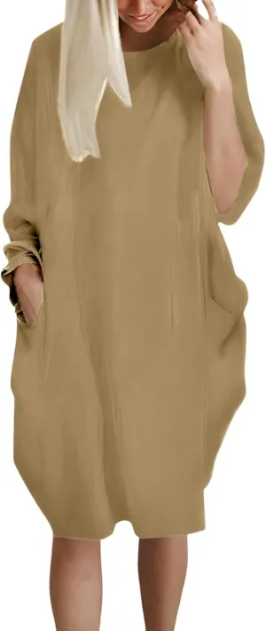 Women's Oversize Baggy Roll-Up Long Sleeve T Shirt Dress for Curvy Causal Loose Midi Tunic Dresses with Pockets