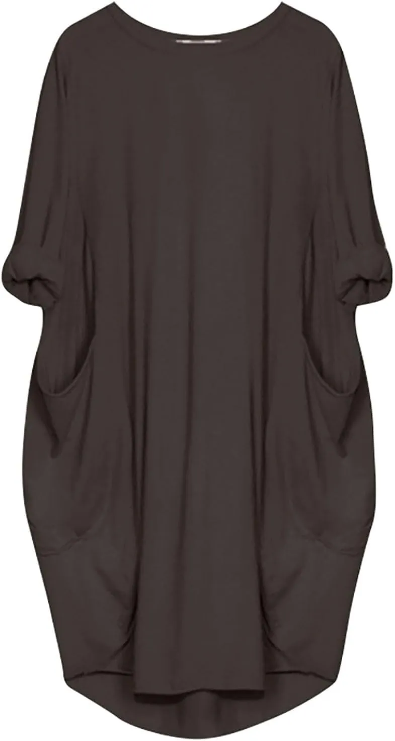 Women's Oversize Baggy Roll-Up Long Sleeve T Shirt Dress for Curvy Causal Loose Midi Tunic Dresses with Pockets