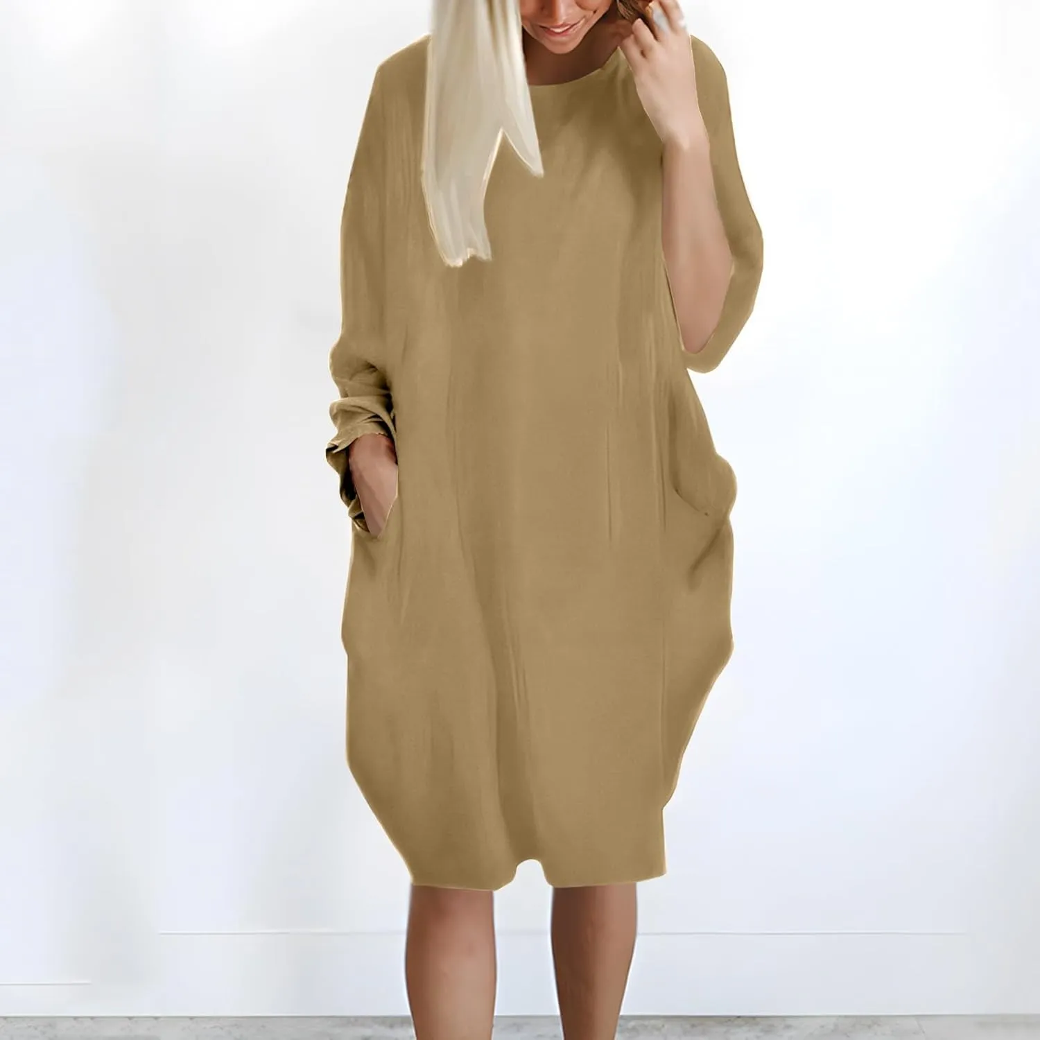 Women's Oversize Baggy Roll-Up Long Sleeve T Shirt Dress for Curvy Causal Loose Midi Tunic Dresses with Pockets