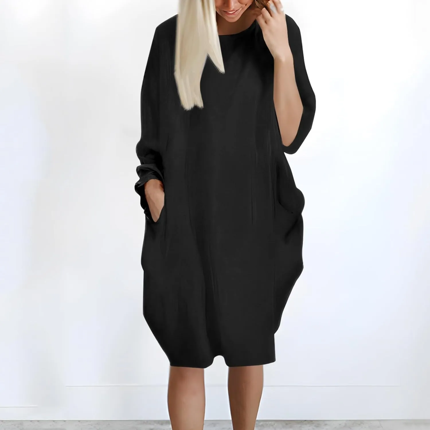 Women's Oversize Baggy Roll-Up Long Sleeve T Shirt Dress for Curvy Causal Loose Midi Tunic Dresses with Pockets