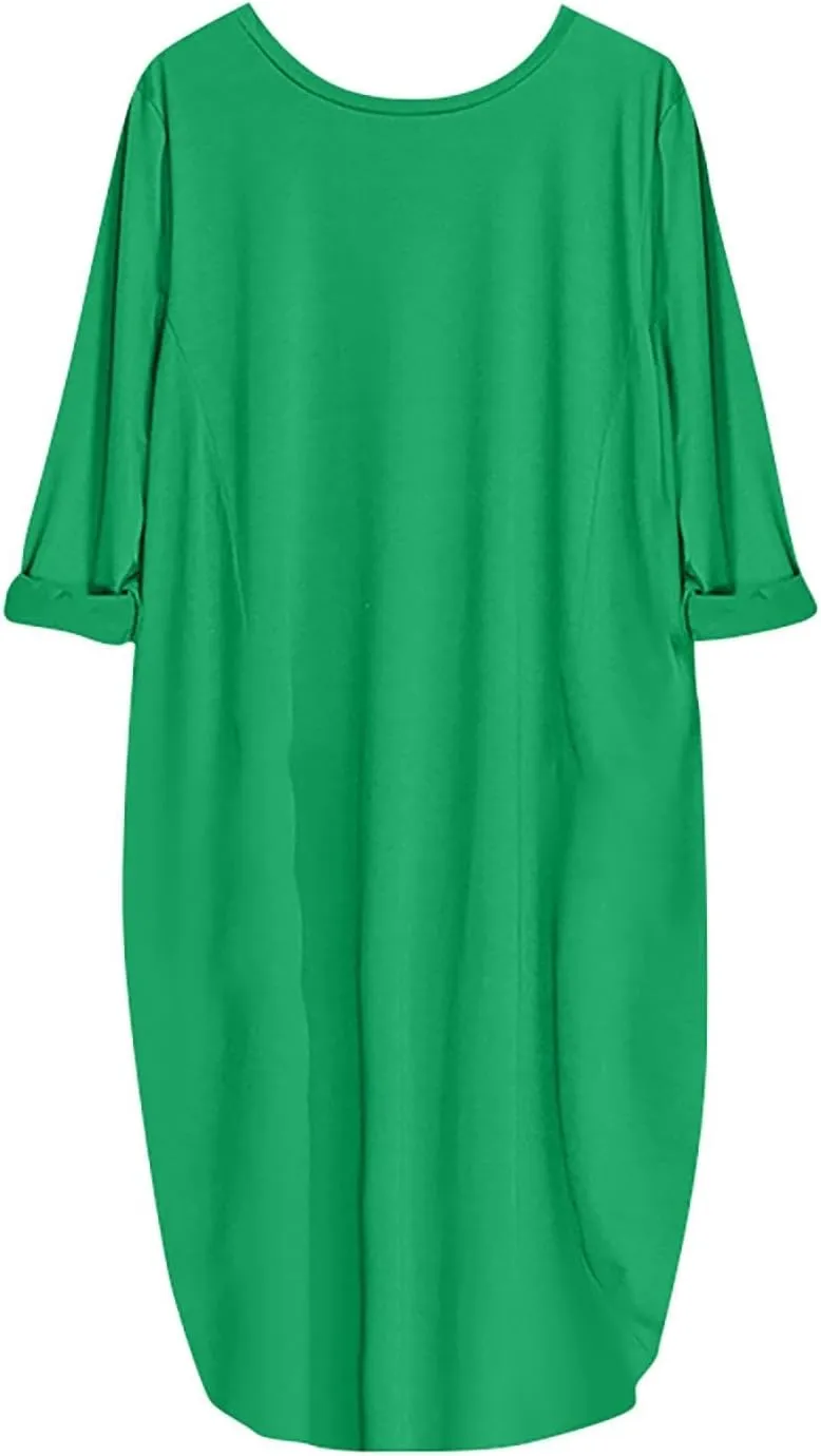 Women's Oversize Baggy Roll-Up Long Sleeve T Shirt Dress for Curvy Causal Loose Midi Tunic Dresses with Pockets