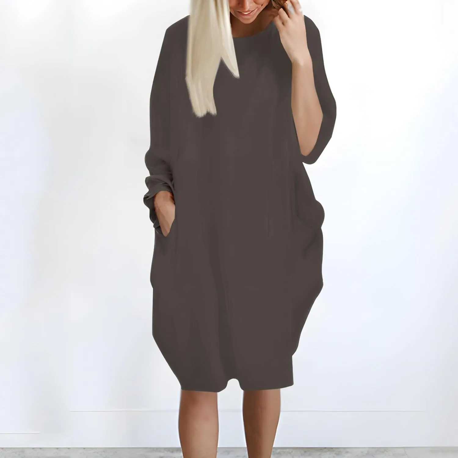 Women's Oversize Baggy Roll-Up Long Sleeve T Shirt Dress for Curvy Causal Loose Midi Tunic Dresses with Pockets
