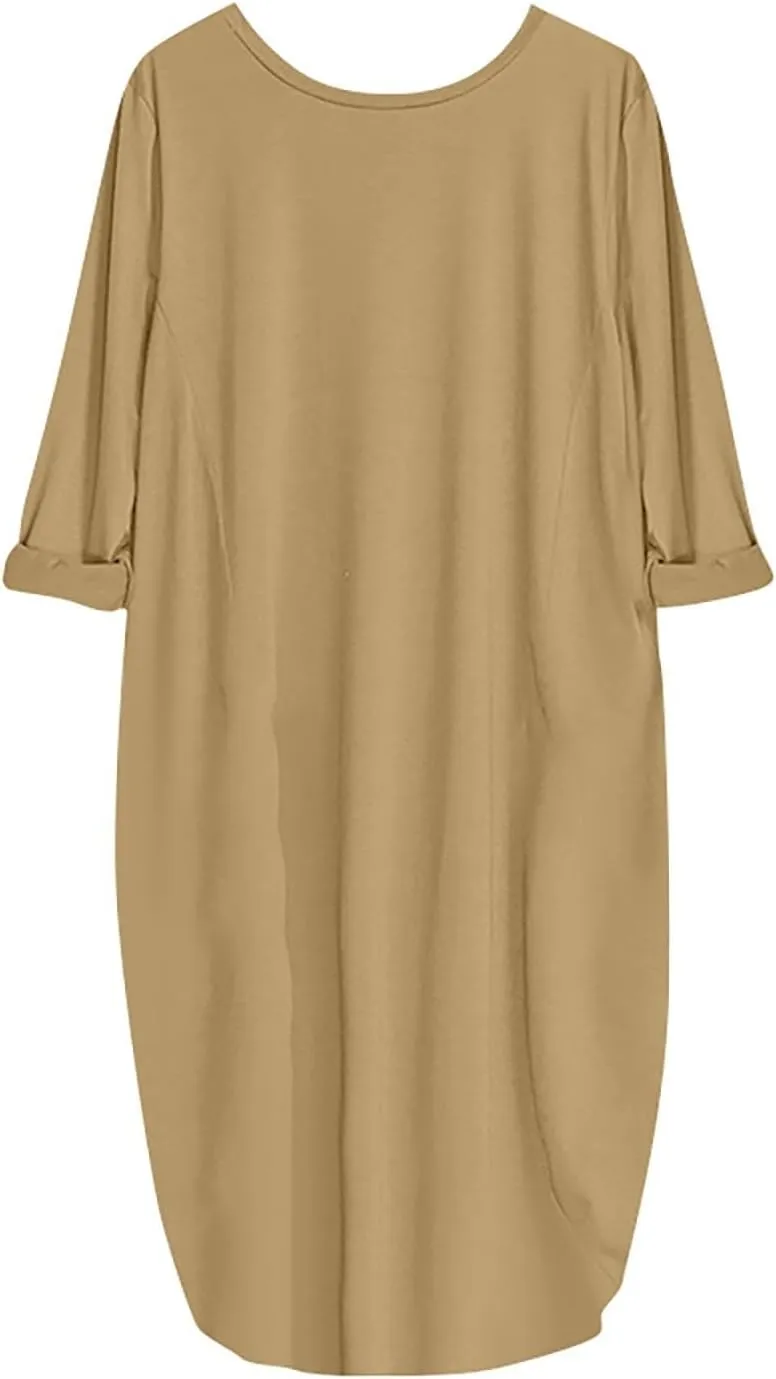 Women's Oversize Baggy Roll-Up Long Sleeve T Shirt Dress for Curvy Causal Loose Midi Tunic Dresses with Pockets