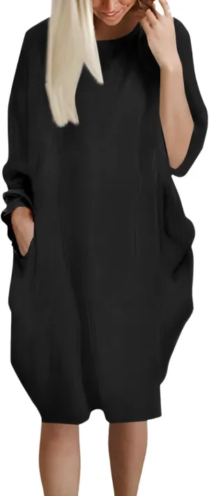 Women's Oversize Baggy Roll-Up Long Sleeve T Shirt Dress for Curvy Causal Loose Midi Tunic Dresses with Pockets
