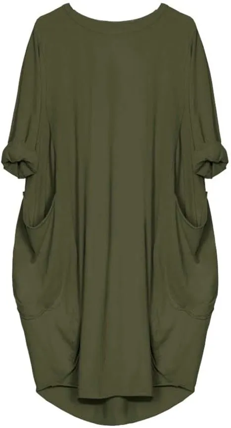 Women's Oversize Baggy Roll-Up Long Sleeve T Shirt Dress for Curvy Causal Loose Midi Tunic Dresses with Pockets