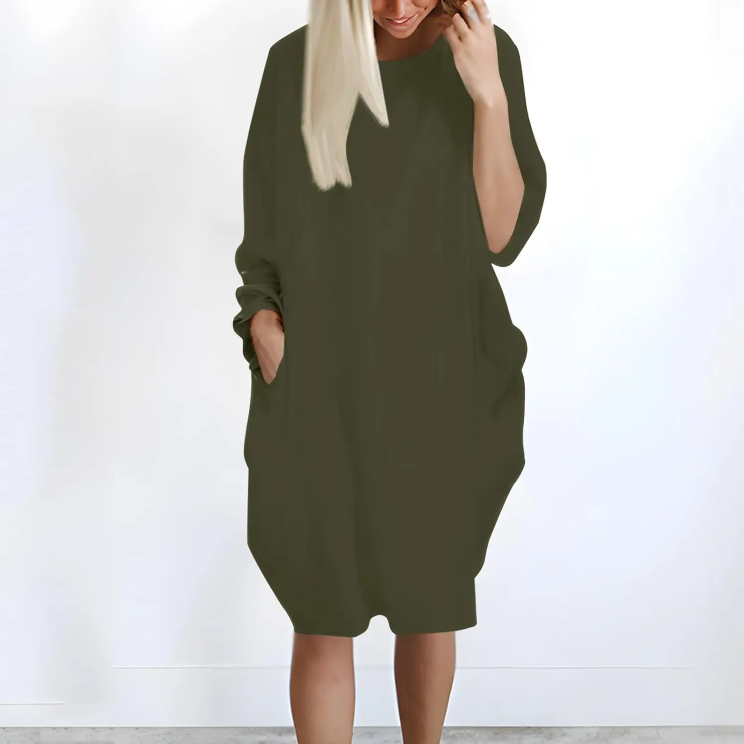 Women's Oversize Baggy Roll-Up Long Sleeve T Shirt Dress for Curvy Causal Loose Midi Tunic Dresses with Pockets