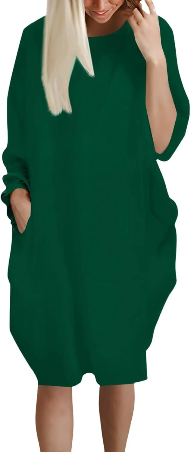 Women's Oversize Baggy Roll-Up Long Sleeve T Shirt Dress for Curvy Causal Loose Midi Tunic Dresses with Pockets