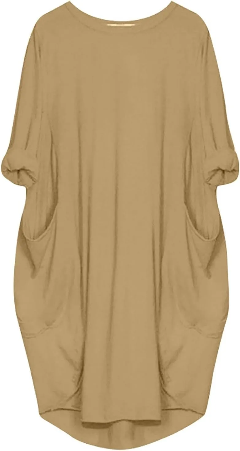 Women's Oversize Baggy Roll-Up Long Sleeve T Shirt Dress for Curvy Causal Loose Midi Tunic Dresses with Pockets