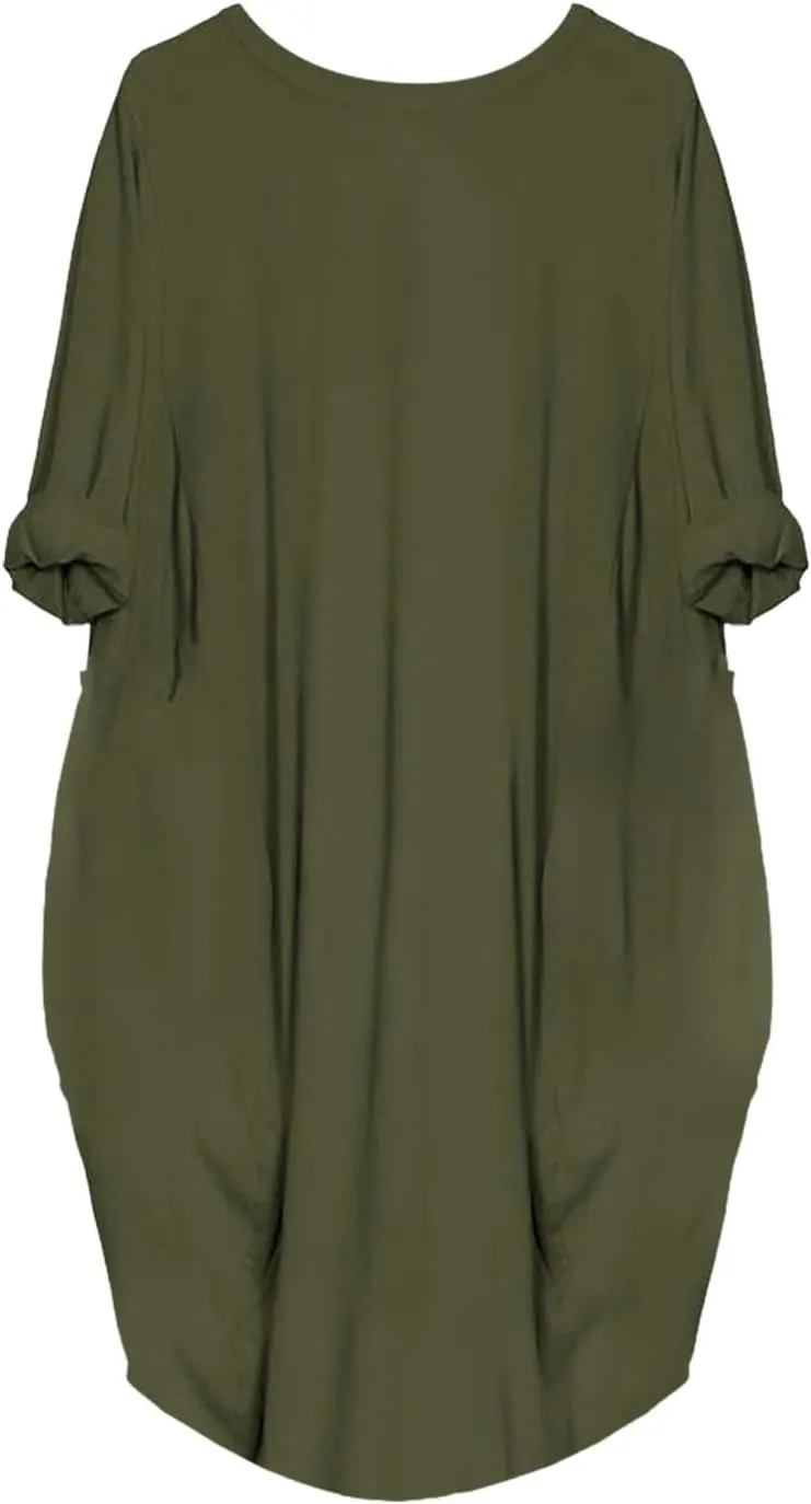Women's Oversize Baggy Roll-Up Long Sleeve T Shirt Dress for Curvy Causal Loose Midi Tunic Dresses with Pockets