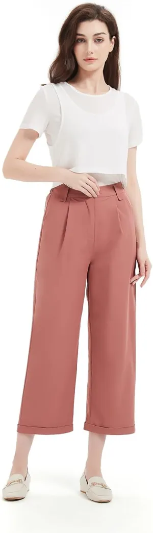 Women's Pants Capri Dress Work High Waisted Wide Leg Loose Summer Golf Casual Cropped with Pockets