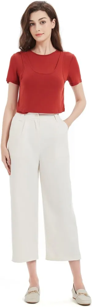 Women's Pants Capri Dress Work High Waisted Wide Leg Loose Summer Golf Casual Cropped with Pockets