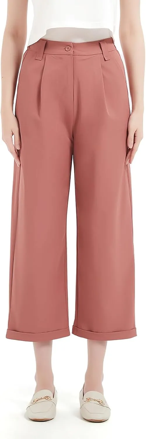 Women's Pants Capri Dress Work High Waisted Wide Leg Loose Summer Golf Casual Cropped with Pockets