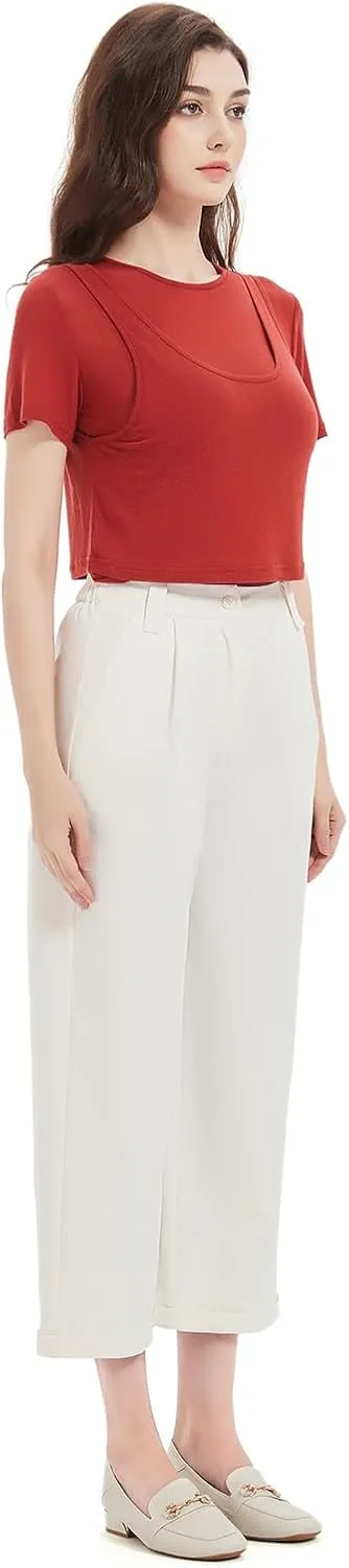 Women's Pants Capri Dress Work High Waisted Wide Leg Loose Summer Golf Casual Cropped with Pockets