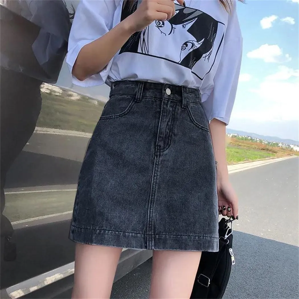 Women's Petite Black Denim Slimming A-Line Pencil Skirt High Waist Office Wear