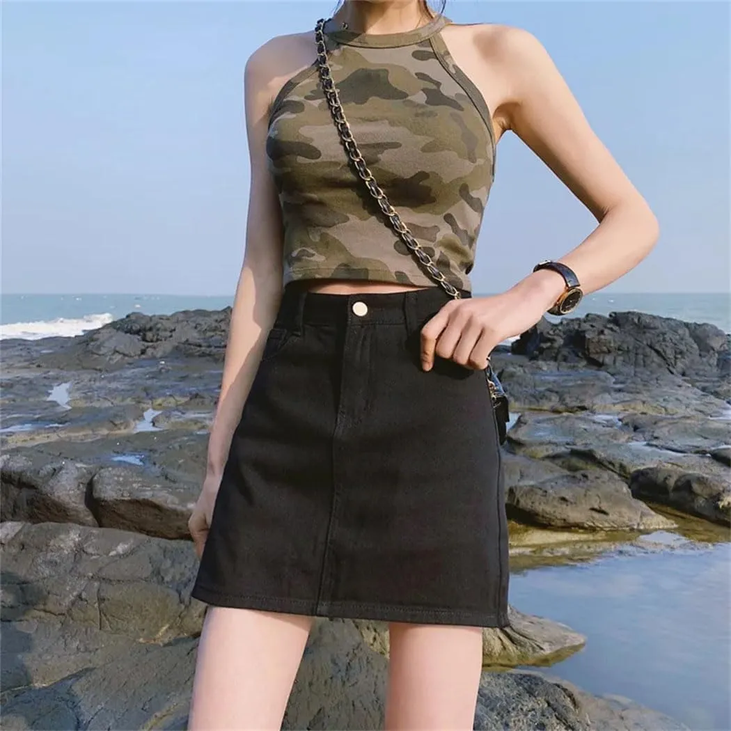 Women's Petite Black Denim Slimming A-Line Pencil Skirt High Waist Office Wear