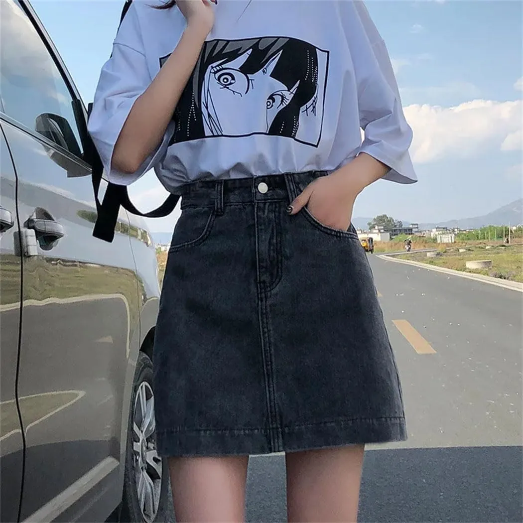 Women's Petite Black Denim Slimming A-Line Pencil Skirt High Waist Office Wear