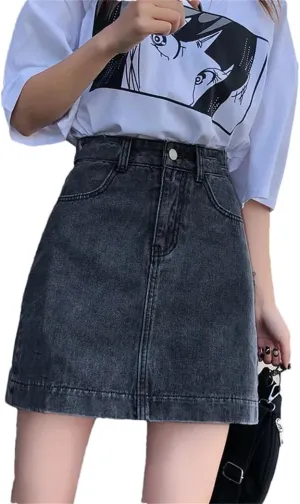Women's Petite Black Denim Slimming A-Line Pencil Skirt High Waist Office Wear
