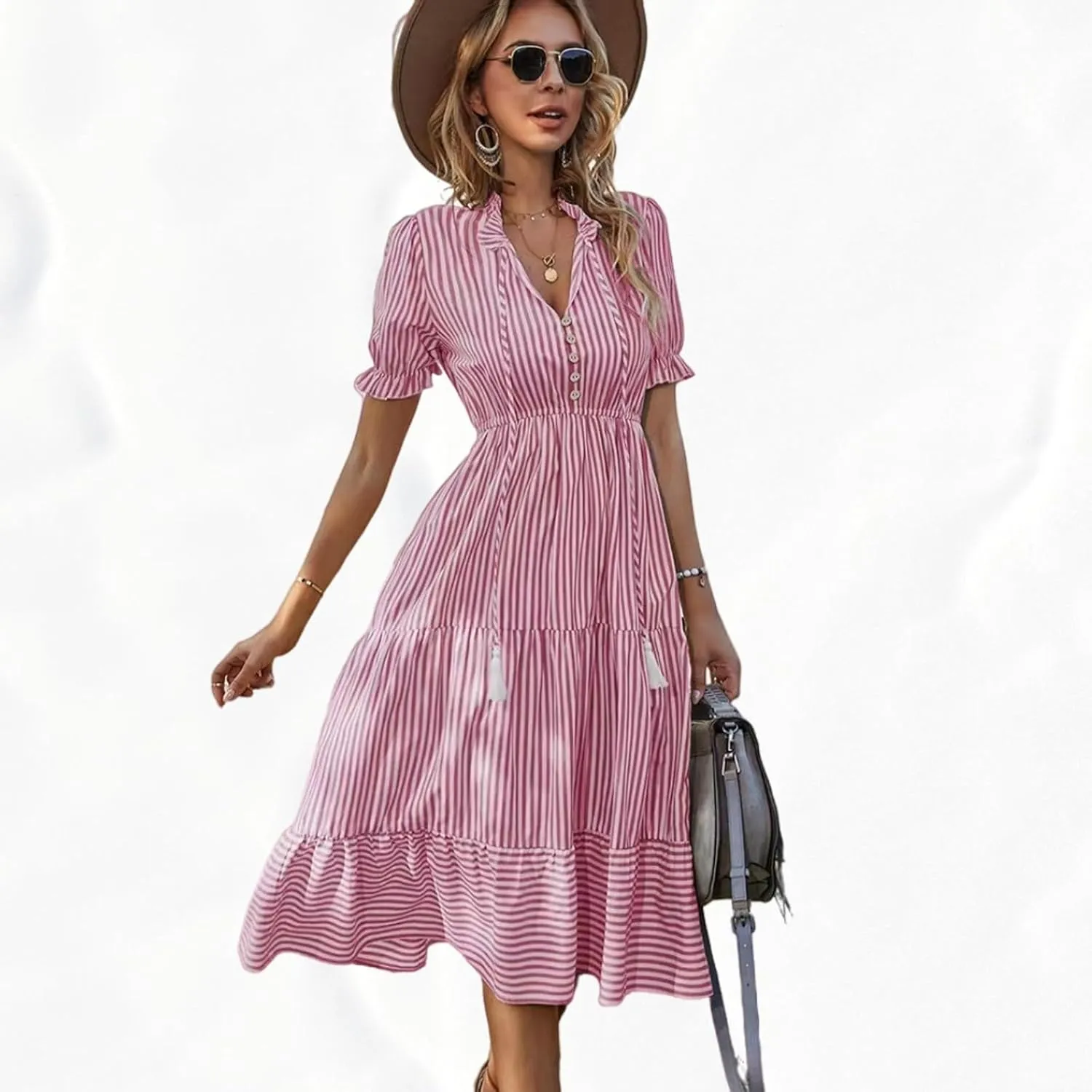Women's Plaid Button Down Shirt Dress Long Sleeve Gingham Swing Dresses Stand Collar Knee Length Ruffle Mini Dress