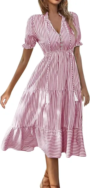 Women's Plaid Button Down Shirt Dress Long Sleeve Gingham Swing Dresses Stand Collar Knee Length Ruffle Mini Dress