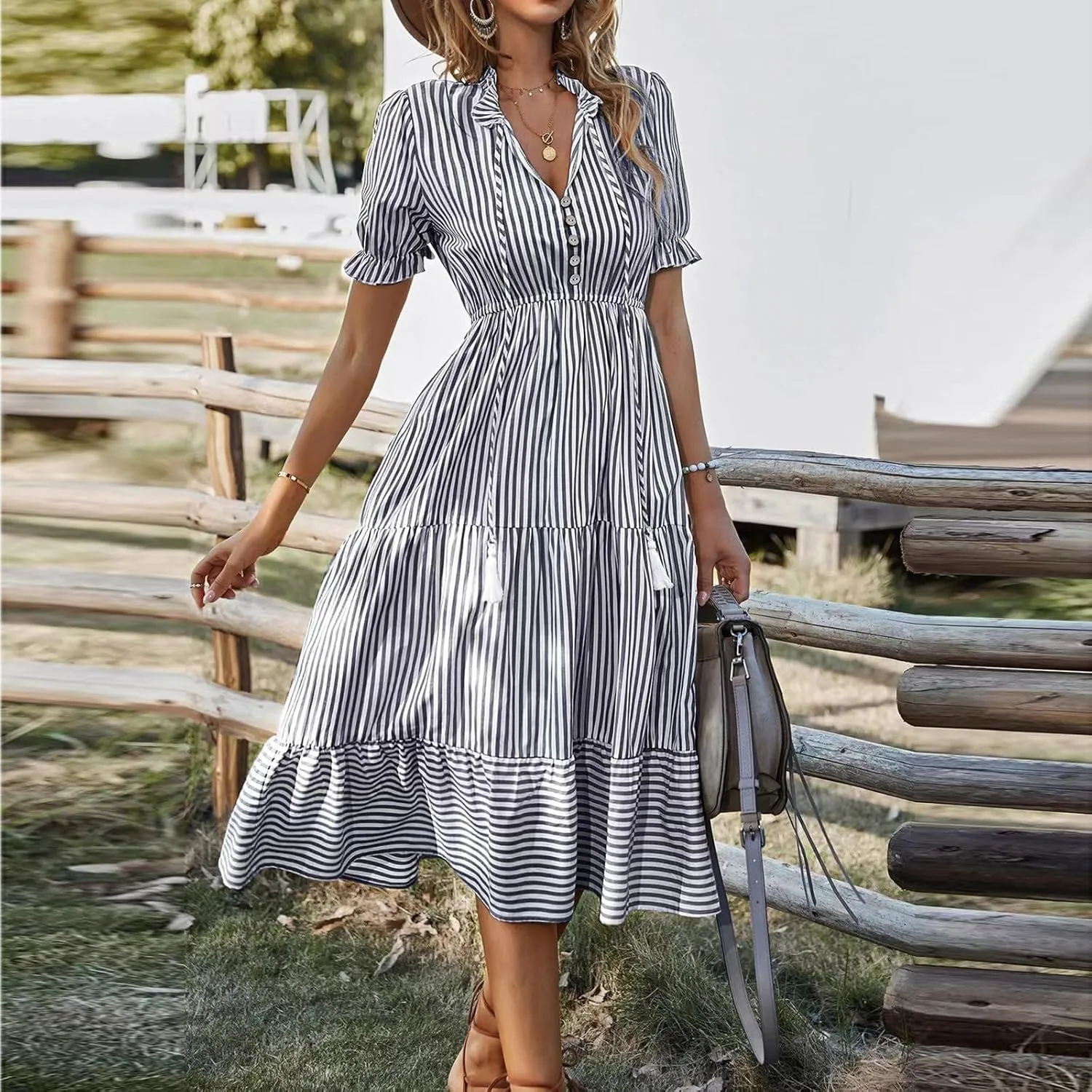 Women's Plaid Button Down Shirt Dress Long Sleeve Gingham Swing Dresses Stand Collar Knee Length Ruffle Mini Dress