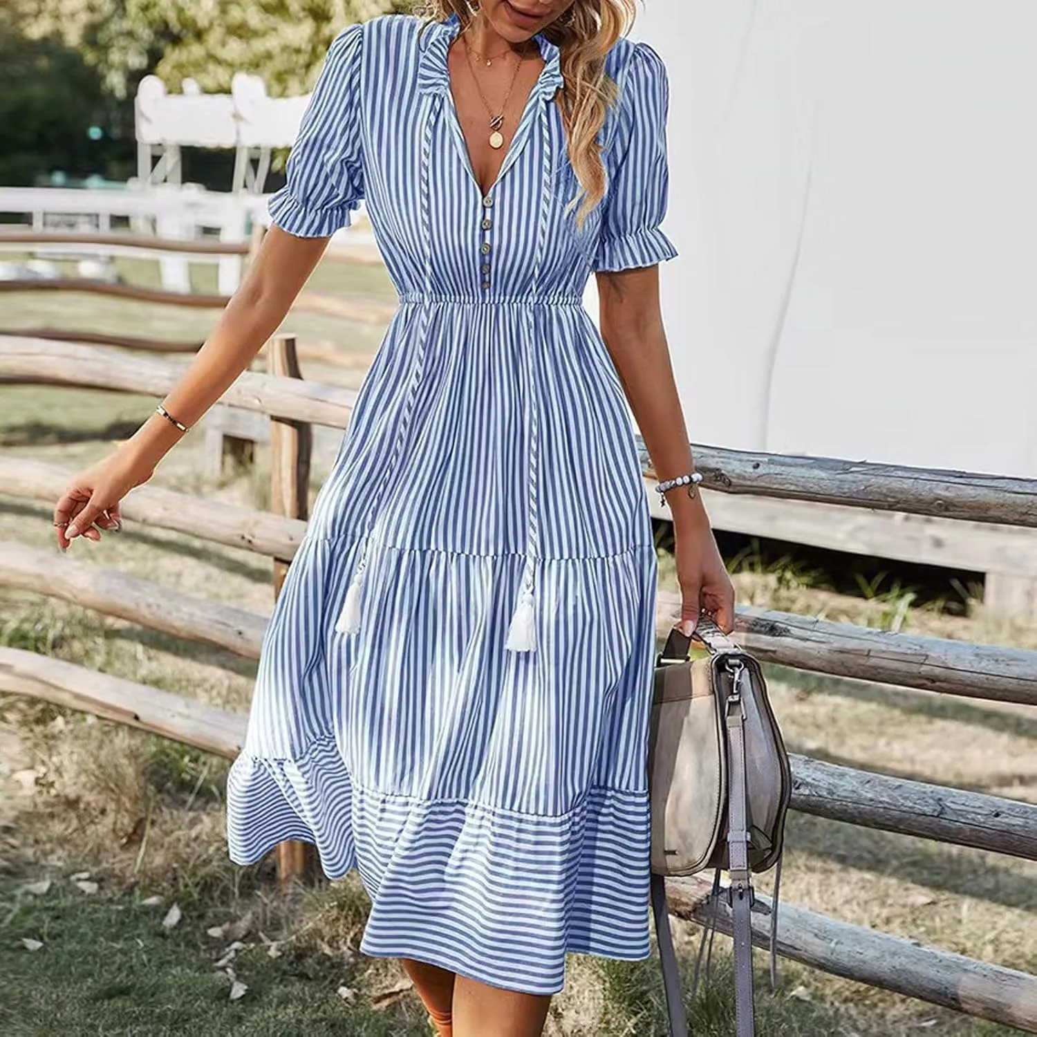 Women's Plaid Button Down Shirt Dress Long Sleeve Gingham Swing Dresses Stand Collar Knee Length Ruffle Mini Dress