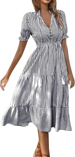 Women's Plaid Button Down Shirt Dress Long Sleeve Gingham Swing Dresses Stand Collar Knee Length Ruffle Mini Dress