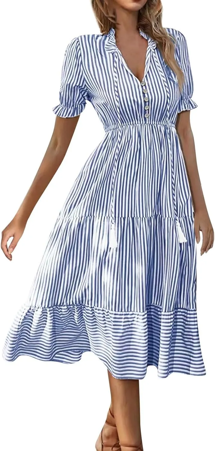 Women's Plaid Button Down Shirt Dress Long Sleeve Gingham Swing Dresses Stand Collar Knee Length Ruffle Mini Dress