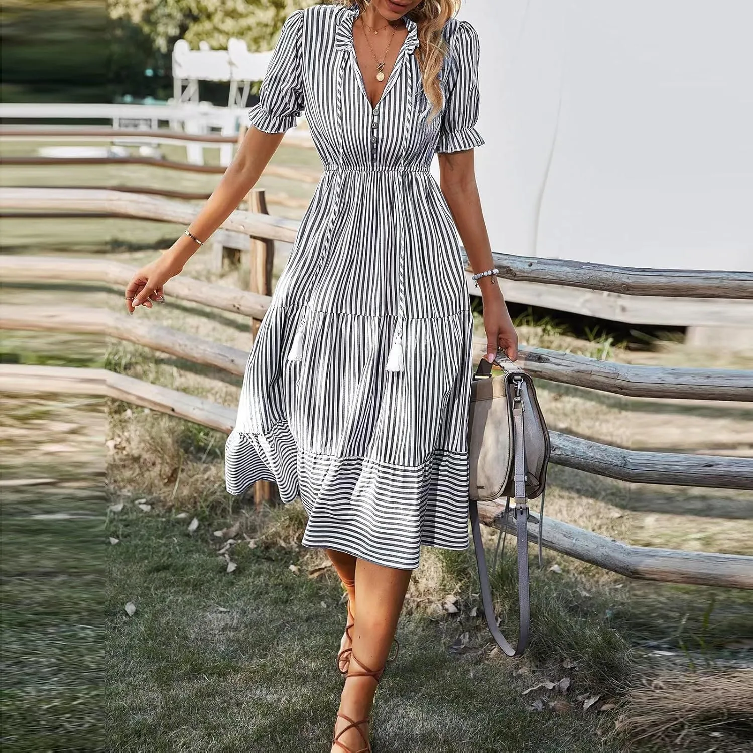 Women's Plaid Button Down Shirt Dress Long Sleeve Gingham Swing Dresses Stand Collar Knee Length Ruffle Mini Dress