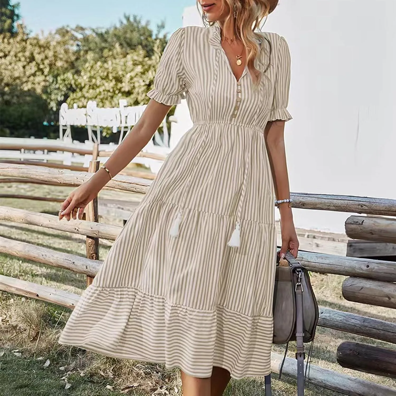 Women's Plaid Button Down Shirt Dress Long Sleeve Gingham Swing Dresses Stand Collar Knee Length Ruffle Mini Dress